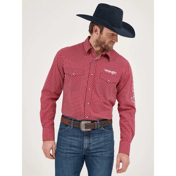 Wrangler NWT Large Logo Red Plaid Button Up Shirt Pearl Snap Western Boot Barn - Picture 1 of 5